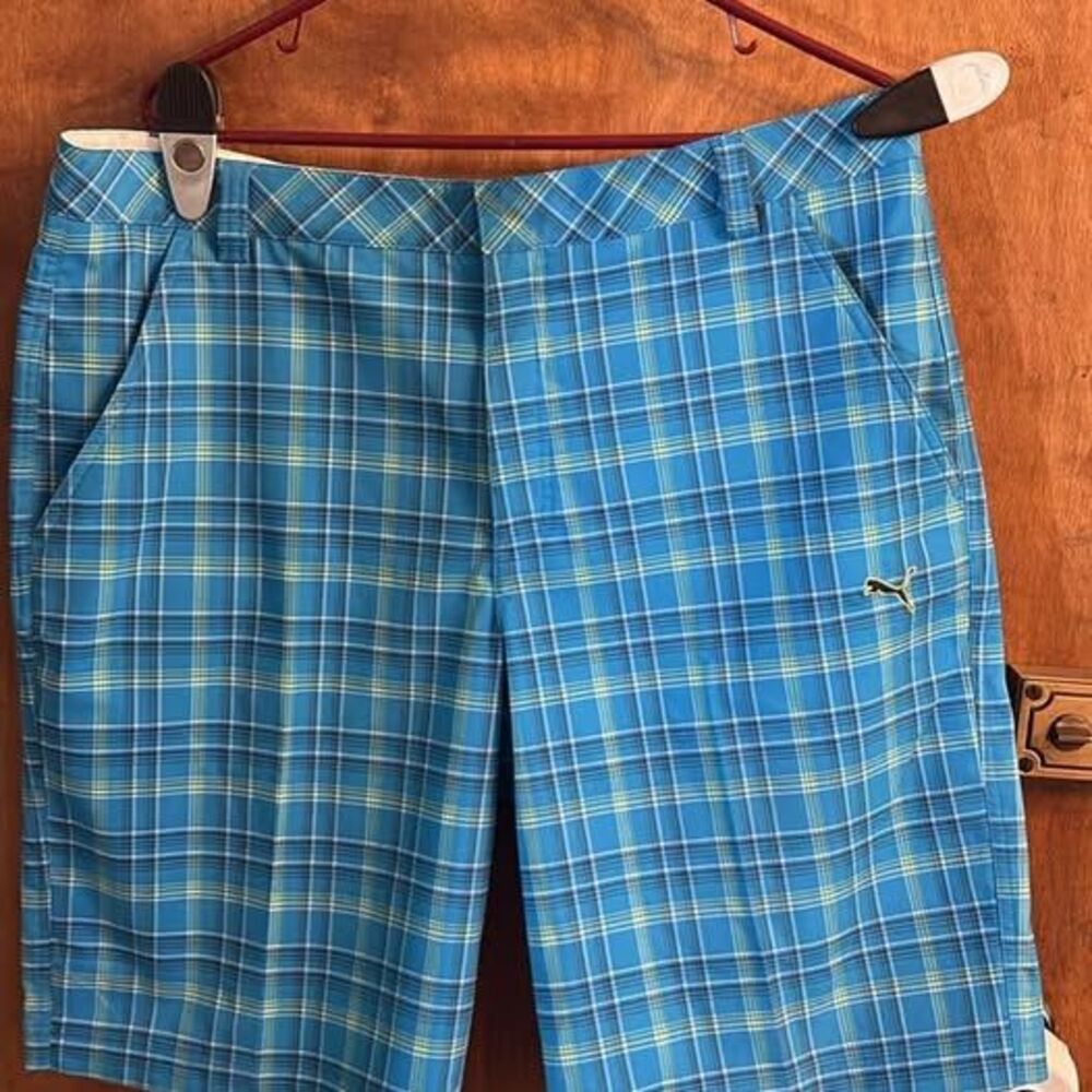 Puma Sport Blue Plaid Golf Shorts Summer Preppy Athletic Men's Size 36